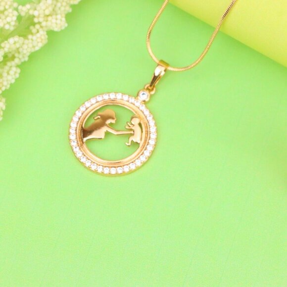 "Rose Gold Circle Pendant with Mother & Child Design and CZ Accents, XPPT1401 - Picture 12 of 13